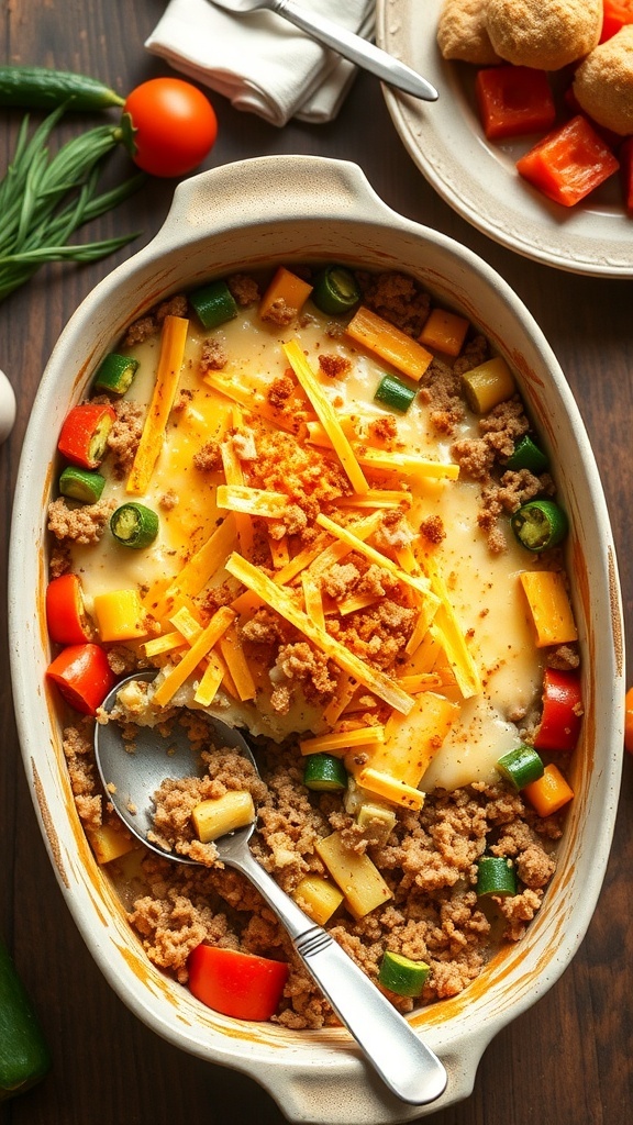 Cheesy ground turkey casserole in a baking dish, topped with melted cheese and breadcrumbs, served in a cozy kitchen.